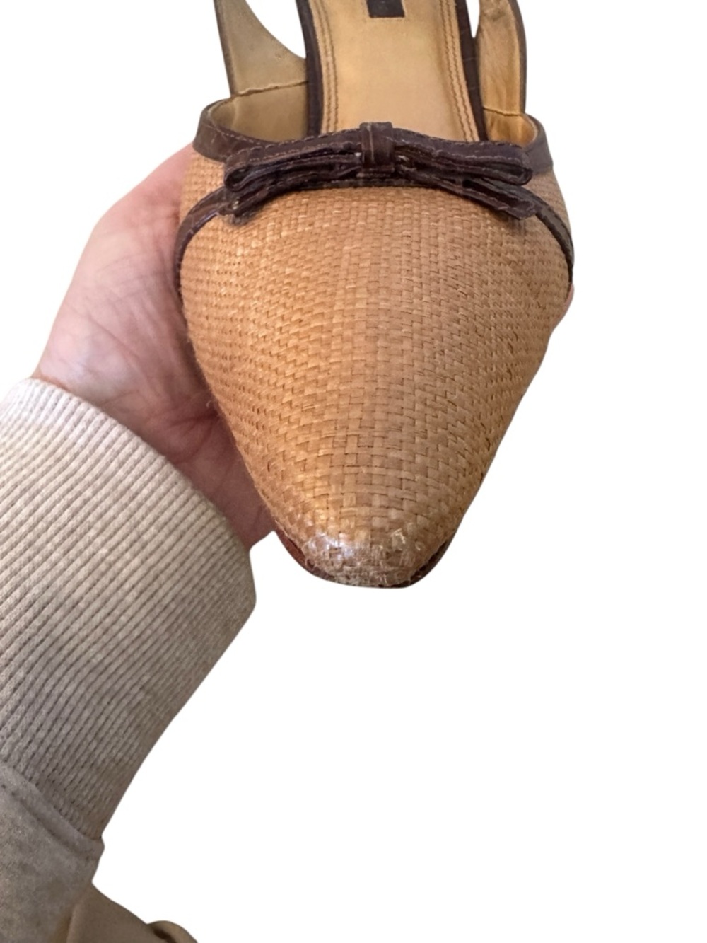 Unisa Tan Raffia and Brown Leather Croc-like Pointed Slingback Heels Size 9 1/2 - Picture 7 of 7